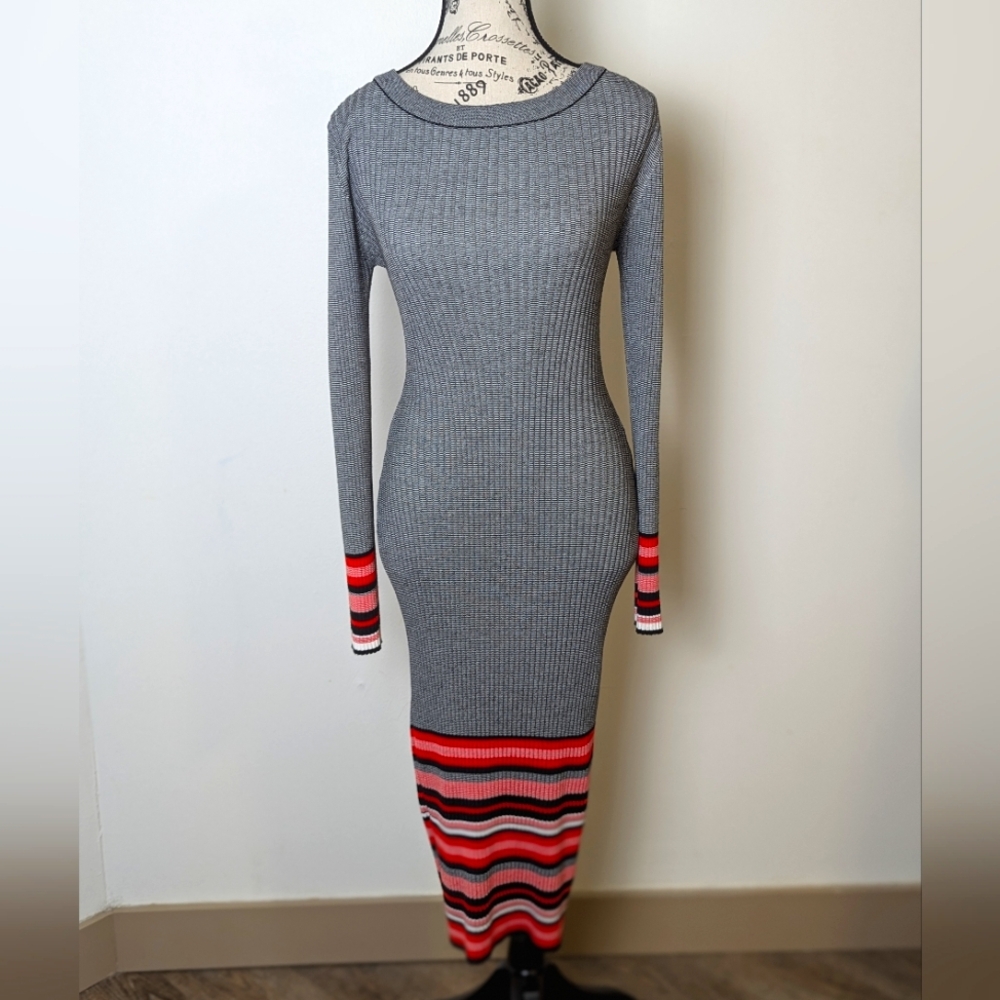Stretchy Long Sleeve Striped Fringe Dress
